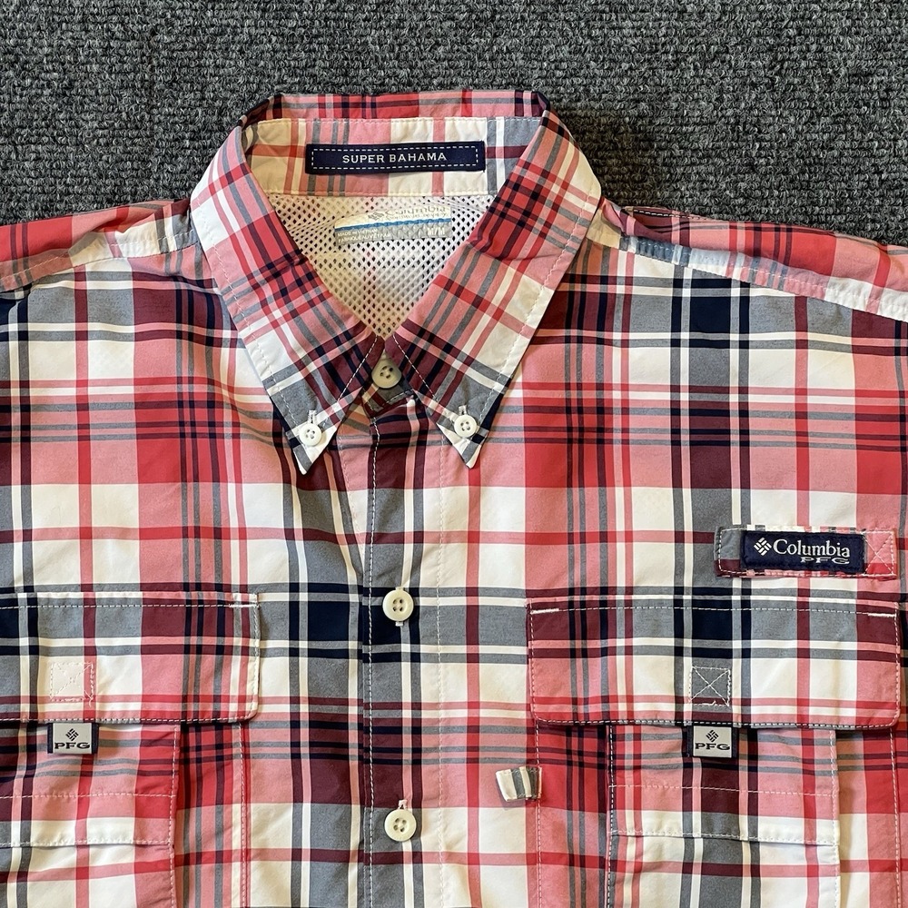 Columbia Super Bahama Shirt Mens M Red Black Plaid Short Sleeve Fishing Vented - Picture 2 of 6